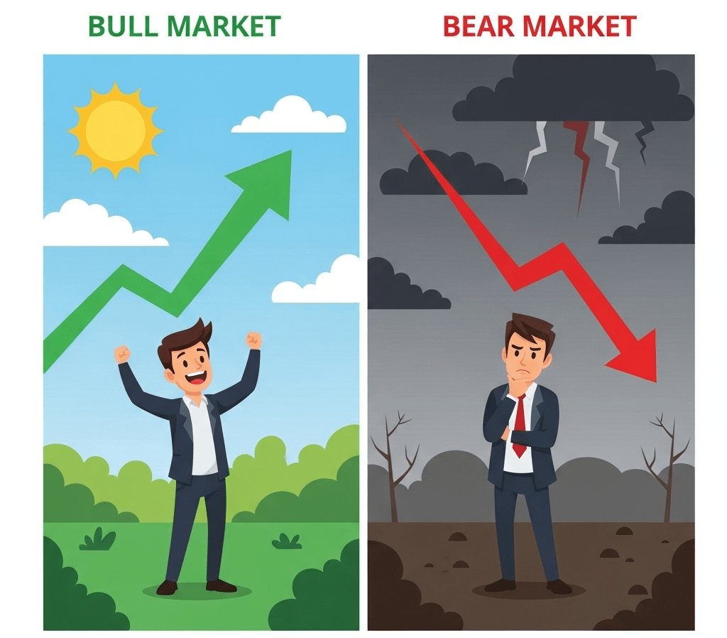 Two side-by-side scenes: Left—a bull market (sunny sky, green upward arrow, happy investor). Right—a bear market (dark clouds, red downward arrow, cautious investor).