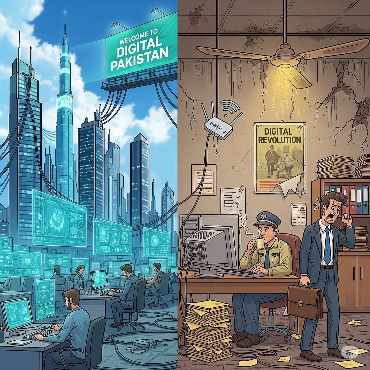 On one side, a futuristic, idealized vision of “Digital Pakistan” with glowing skyscrapers, holographic AI interfaces, fiber-optic cables, and people in modern tech offices. On the other side, depict the harsh reality: a frustrated foreign investor standing in a broken government office