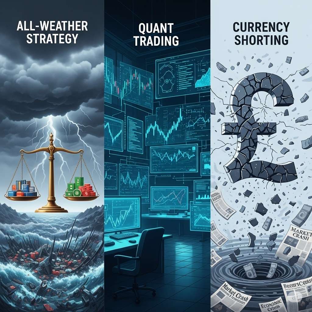 A digital illustration divided into three vertical sections, each representing a famous hedge fund strategy. Left section: a stormy financial landscape with balanced scales and diversified assets like stocks, bonds, and commodities labeled ‘All-Weather Strategy’ (symbolizing Ray Dalio). Middle section: a futuristic room filled with glowing screens, mathematical equations, and algorithm charts labeled ‘Quant Trading’ (symbolizing Jim Simons). Right section: a dramatic scene of a crumbling British pound symbol and market headlines labeled ‘Currency Shorting’ (symbolizing George Soros)