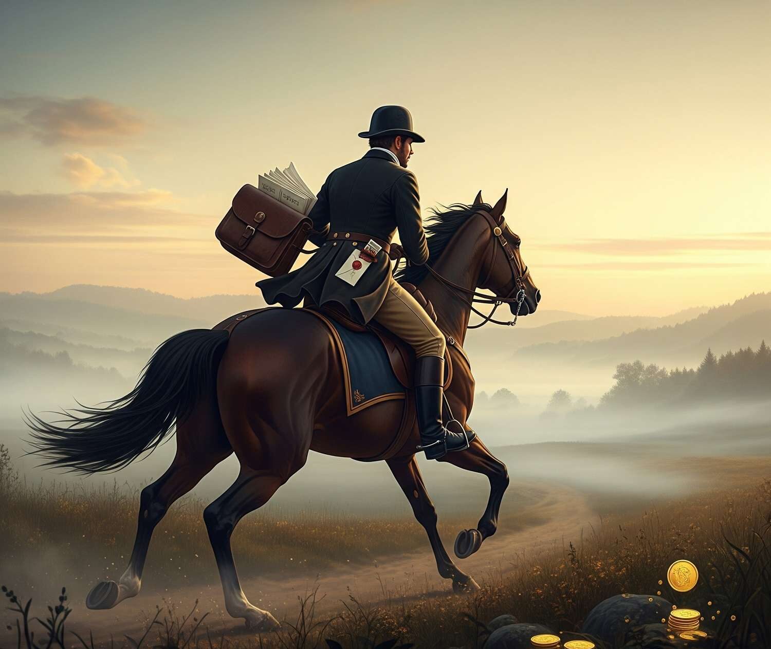 Image depict a scene relevant to 18th–19th century European finance or politics—such as a private meeting between wealthy bankers, a courier on horseback delivering urgent financial news across Europe