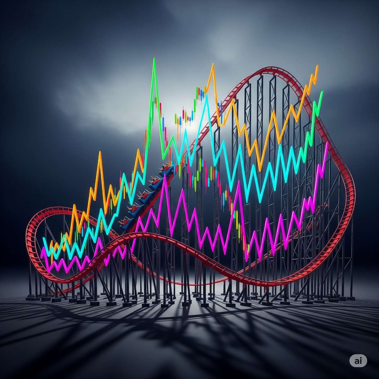 A roller coaster shaped like a stock market graph, with sharp peaks and drops, symbolizing the volatility of growth stocks