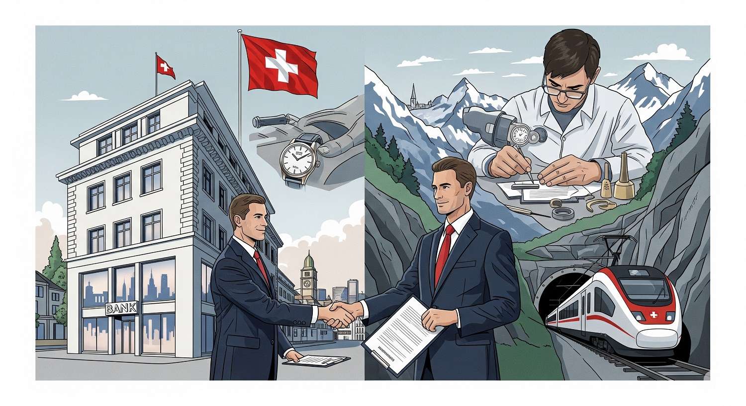 The image show a blend of key elements: a modern Swiss bank building with sleek architecture, a businessman shaking hands over a contract, a watchmaker crafting a luxury timepiece, and a train emerging from a tunnel through the Alps, symbolizing efficient infrastructure.