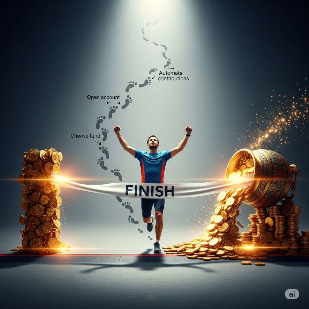 a runner crossing a finish line made of gold coins, behind them a trail of small footprints labeled with each step—‘Open account,’ ‘Choose fund,’ ‘Automate contributions