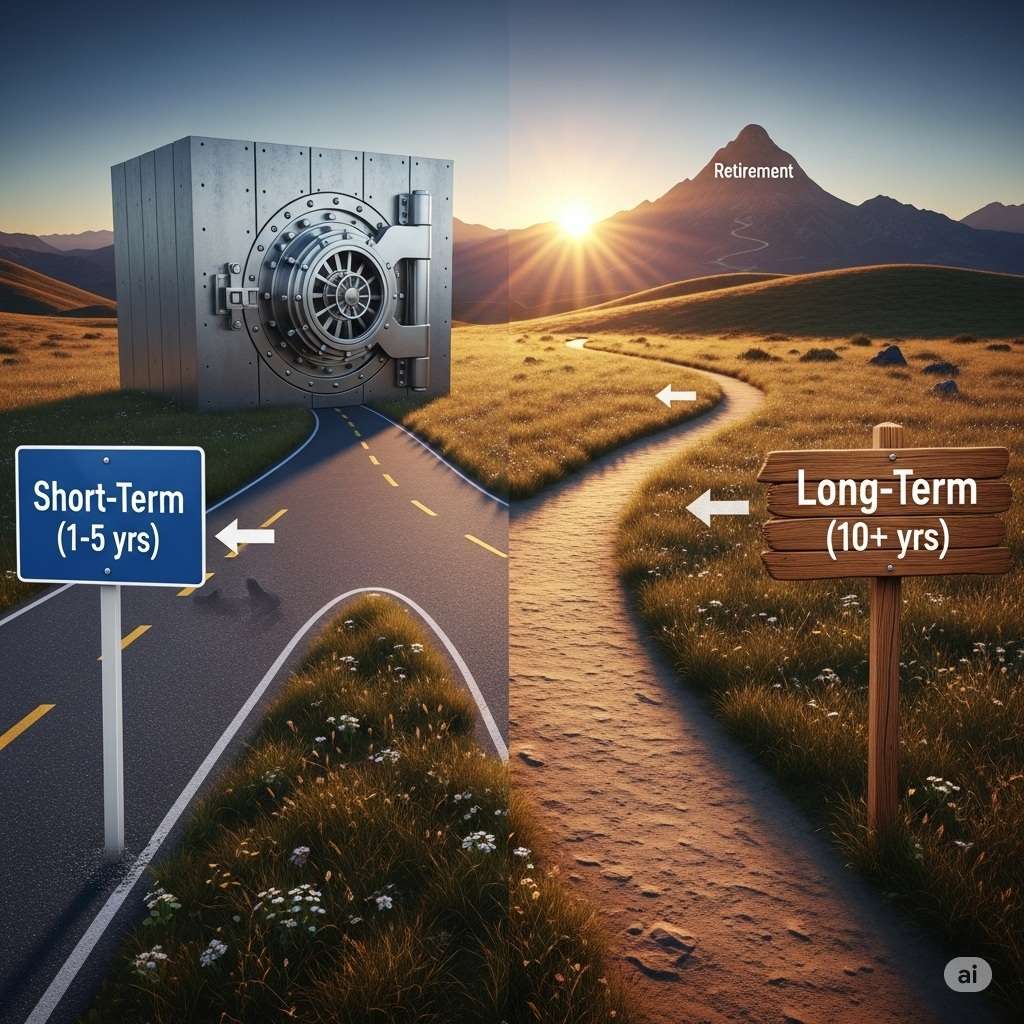 Short‑Term (1–5 yrs)’ leading to a safe vault, and a long winding trail signposted ‘Long‑Term (10+ yrs)’ heading toward a sunrise over a mountain labeled ‘Retirement