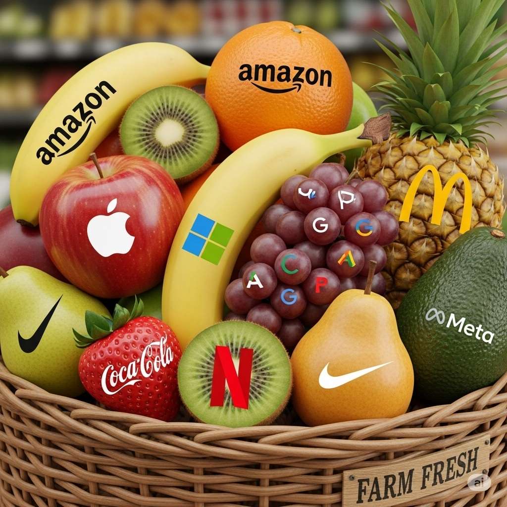 Close‑up of a grocery‑store fruit basket containing diverse fruits, each fruit labeled with a famous company logo (e.g., Apple, Microsoft), to illustrate buying a whole basket instead of a single stock
