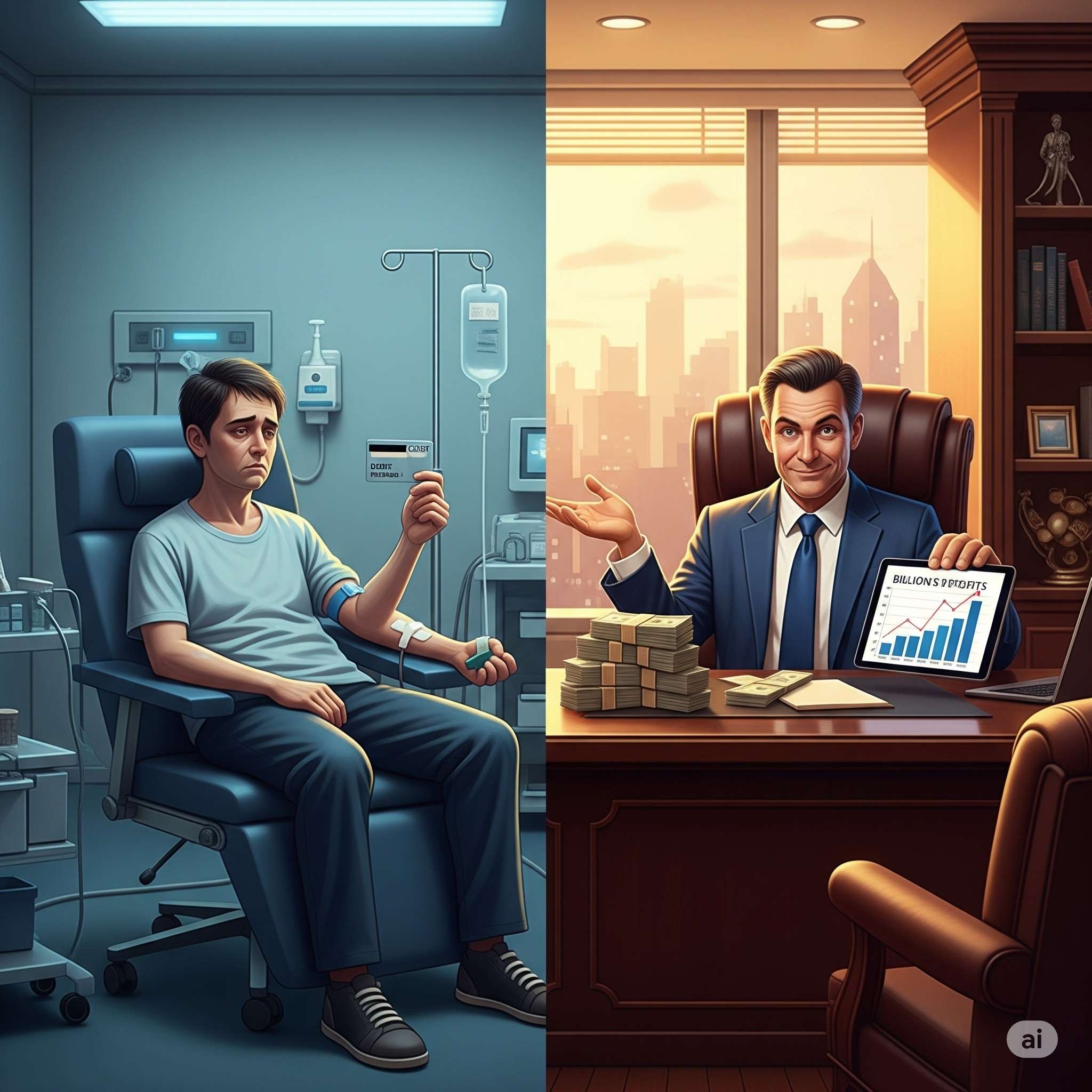 A split-scene editorial illustration: on the left, a tired, ordinary donor sitting in a clinic chair with a small cash card in hand ($30–$50), looking fatigued. On the right, a luxury office with a wealthy pharmaceutical executive holding stacks of money or charts showing billions in profits.