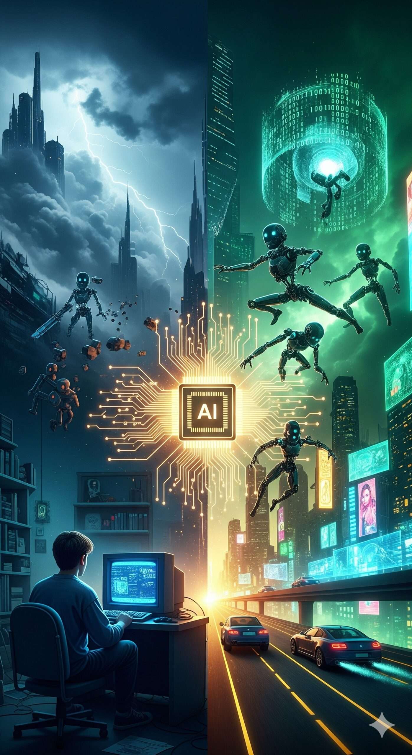 A cinematic, futuristic digital artwork symbolizing the rise of Nvidia and the journey of chip technology. The composition shows a glowing AI microchip at the center, radiating golden light, with circuit patterns extending outward like neural networks. On one side, a young gamer with an old CRT monitor from the 1990s represents the humble gaming beginnings, while on the other side, futuristic AI robots, data clouds, and self-driving cars symbolize modern AI success