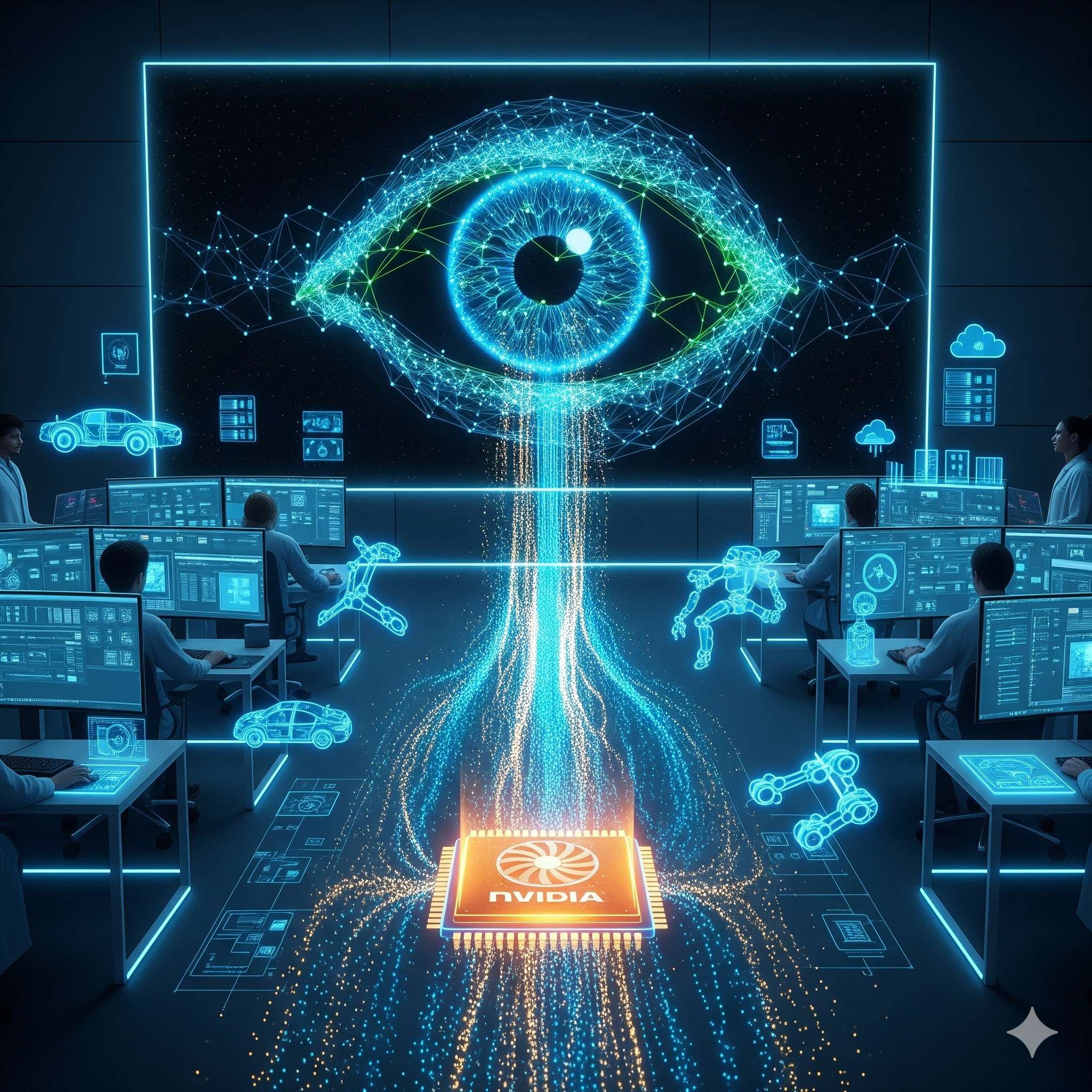 A futuristic scene showing researchers in a university lab surrounded by glowing computer screens. On the monitors, an AI neural network visualization forms into the shape of a human eye, symbolizing machine vision. Nvidia Chip