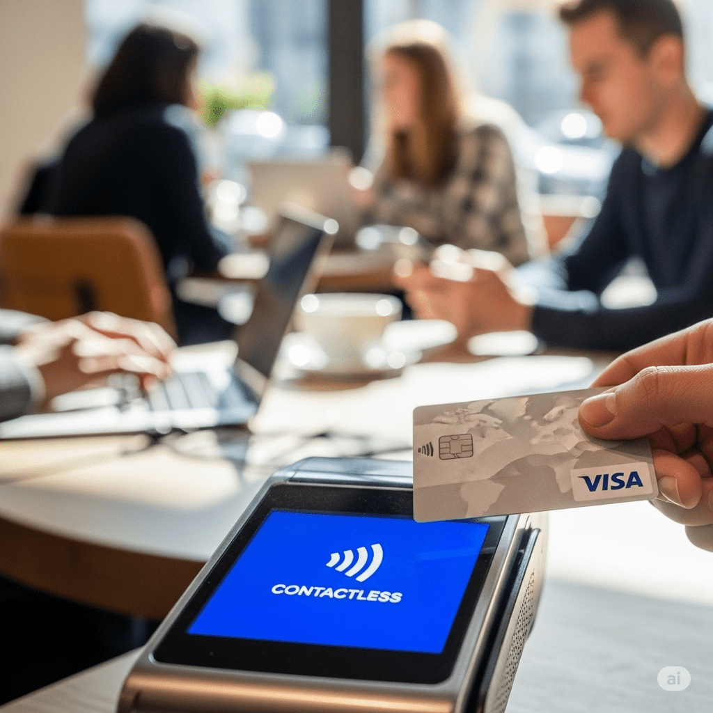Close-up of a hand tapping a Visa contactless card on a sleek payment terminal in a modern café, with blurred background showing people using laptops and smartphones