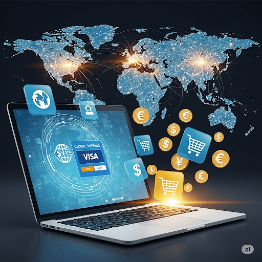 showing a laptop open to an online shopping checkout page with a Visa payment option highlighted, surrounded by digital icons representing global shipping, shopping carts, and currencies.