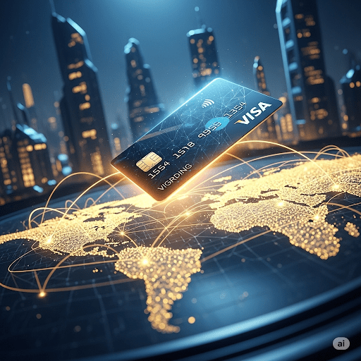 Digital illustration of a glowing Visa credit card floating above a global map made of interconnected golden payment network lines, symbolizing worldwide financial connectivity. 