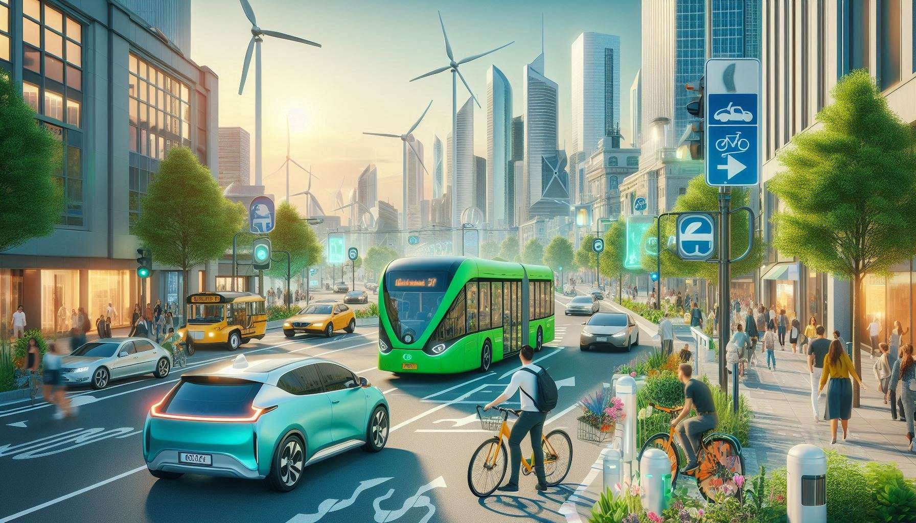 Futuristic city street scene featuring electric vehicles, hybrid cars, hydrogen fuel cell buses, cyclists, and pedestrians in a green urban environment with wind turbines and solar panels in the background — vibrant, photorealistic, optimistic tone.