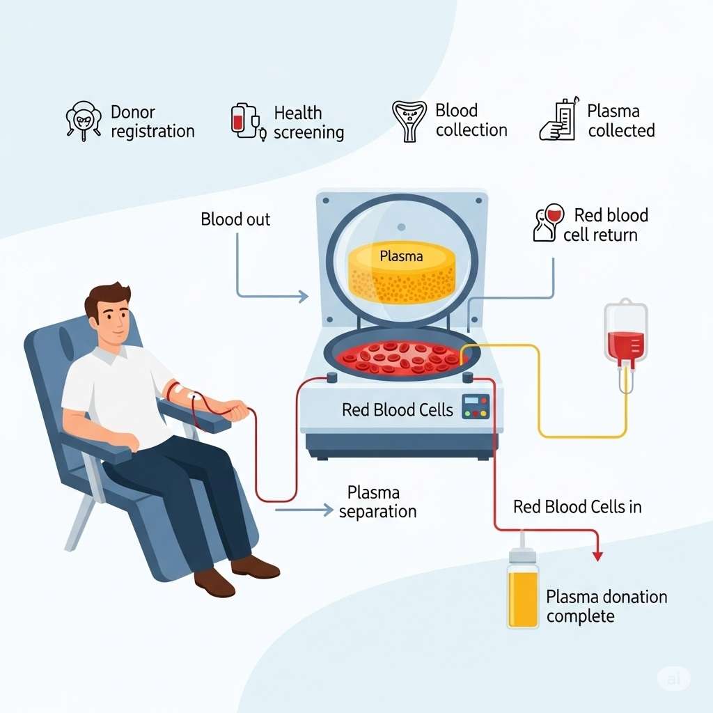 Infographic illustration showing the plasma donation process: a donor sitting in a chair, blood flowing into a centrifuge machine that separates plasma (golden yellow) from red cells, with red cells being returned to the donor.