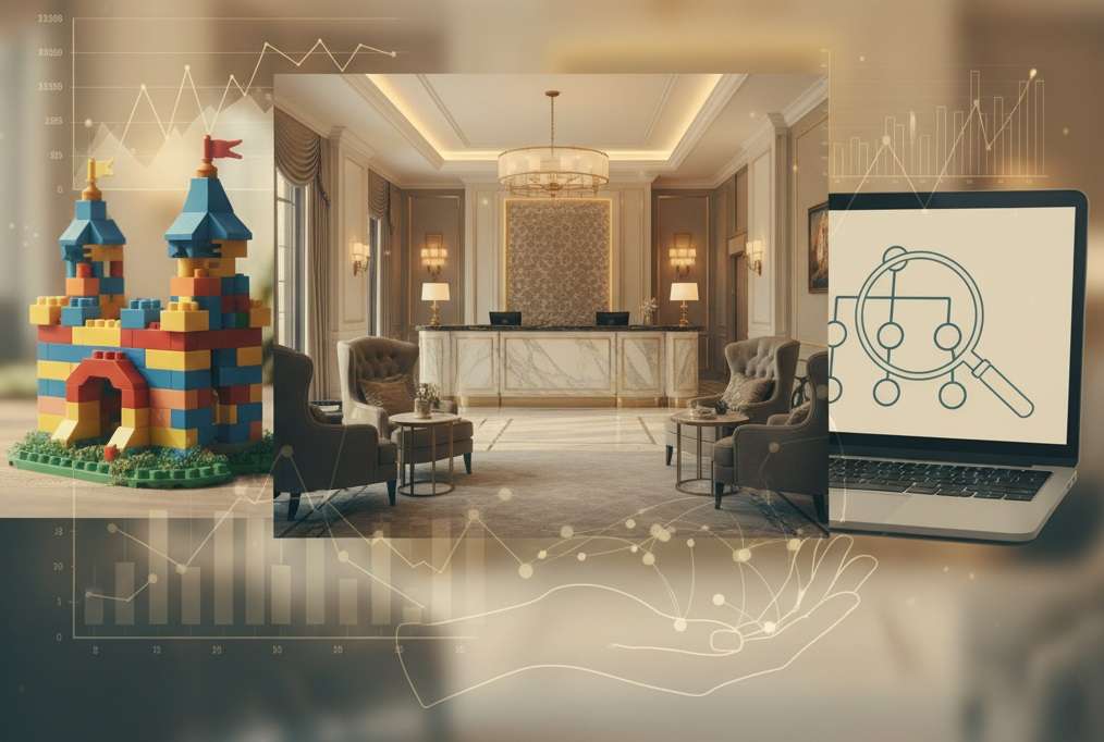A photo-illustration collage with a warm, approachable color grading. It combines a close-up of a colorful toy brick castle, a tasteful hotel lobby shot with no brand signage, and a laptop screen showing a simple family-tree graphic. These elements are subtly blended with an overlay of financial charts and a faint network/hand motif that ties them together. The composition leaves space for a headline at the top. Private Equity Explained