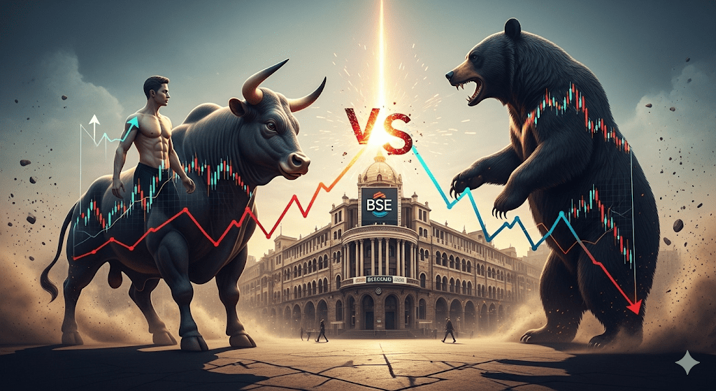a golden bull charging forward towards the opposite side to fierce black bear, towering and ready to attack. Harshad Mehta Scam