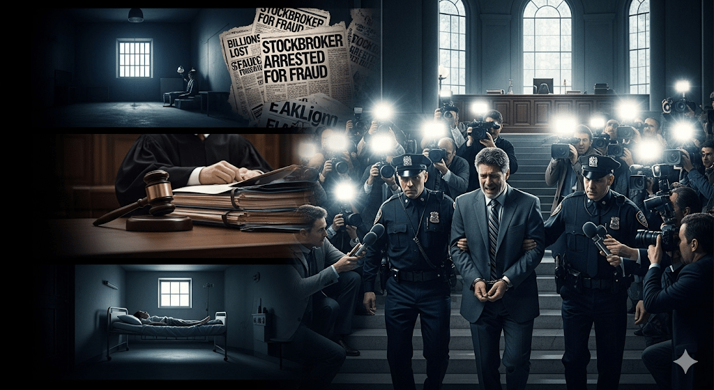 a dramatic, storytelling image capturing the downfall of Harshad Mehta scam 1992