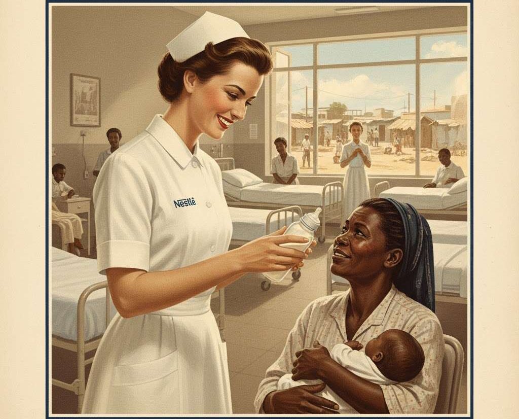 A smiling, idealized nurse (wearing a Nestlé-branded uniform subtly) hands a baby formula bottle to an exhausted mother in a developing country.