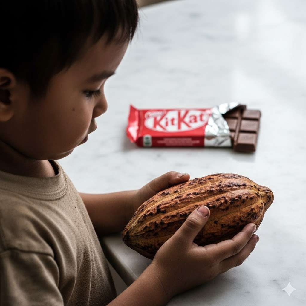 A close-up of a young child's hands, visibly worn and dirty, holding a cocoa pod. The child's face is obscured or looking away in sorrow. In the background, a half-eaten, brightly packaged chocolate bar (like a KitKat) sits on a clean, contrasting surface