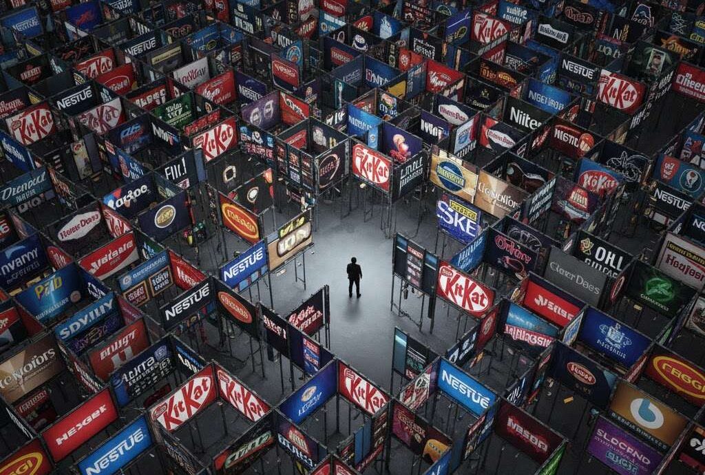 Nestlé product logos (KitKat, Nescafé, Pure Life, Maggi, etc.) forming a giant, almost inescapable corporate maze.