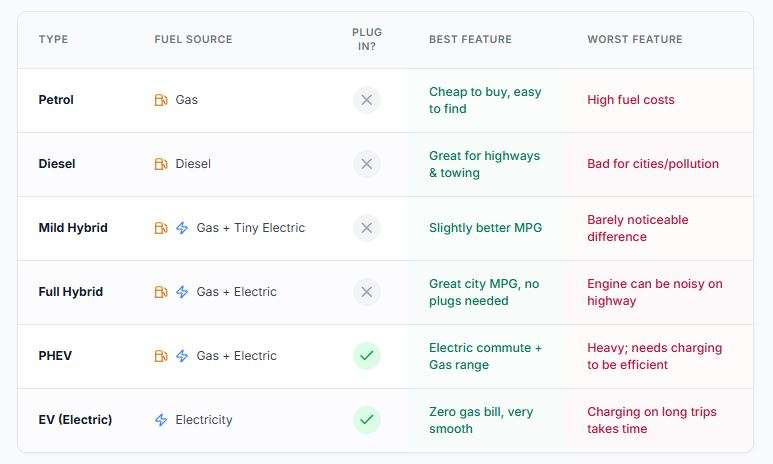 petrol vs diesel vs hybrid vs electric, HEV vs PHEV vs BEV explained