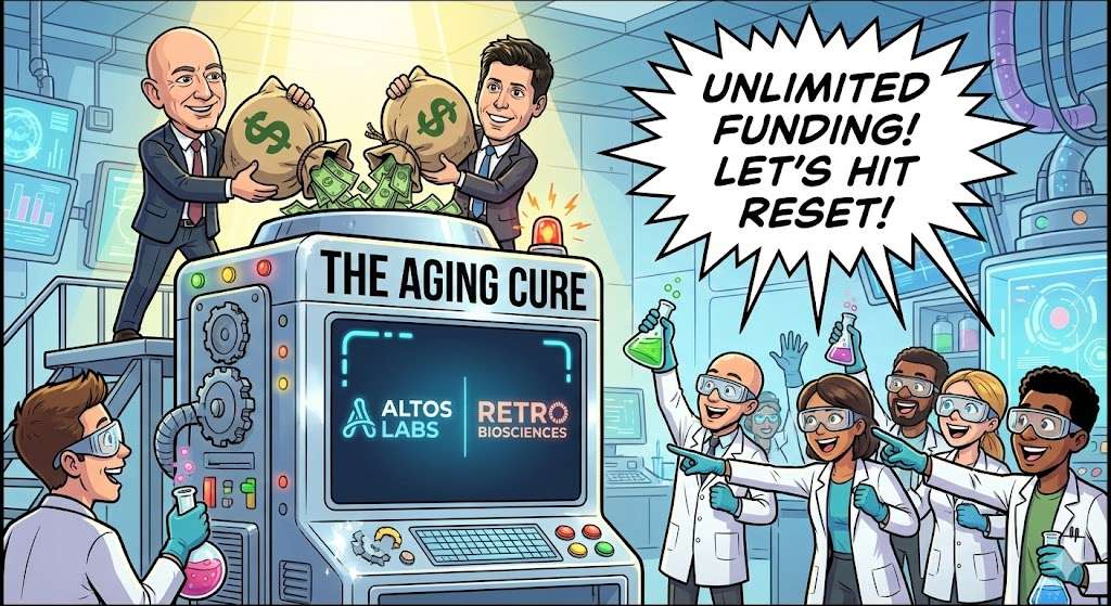 A cartoon comic panel showing two stylized billionaires, resembling Jeff Bezos and Sam Altman, pouring sacks of money with dollar signs into a large, futuristic machine labeled "THE AGING CURE." On the machine's screen are logos for "Altos Labs" and "Retro Biosciences."