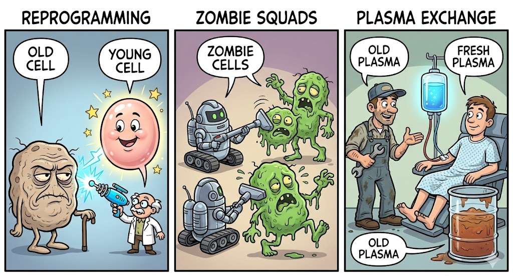 Panel 1 (Reprogramming): A grumpy, wrinkled cartoon cell labeled "OLD CELL" is zapped by a ray gun held by a tiny scientist, transforming into a smiling, smooth, glowing "YOUNG CELL." Panel 2 (Zombie Squads): A team of tiny, armored cartoon nanobots with vacuums are sucking up green, gooey, groaning "ZOMBIE CELLS." Panel 3 (Plasma Exchange): A cartoon person is getting a "blood oil change" from a mechanic-like doctor, with dirty, sludge-like blood labeled "OLD PLASMA" going into a waste barrel and clean, glowing blue liquid labeled "FRESH PLASMA" going into their arm. 