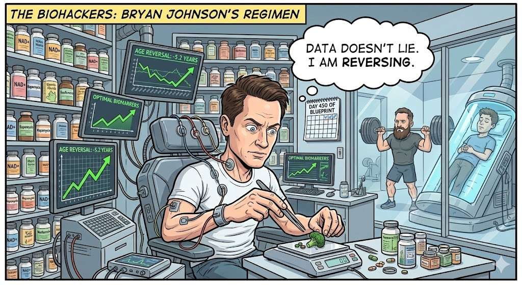  A cartoon comic panel illustration of a man resembling Bryan Johnson, hooked up to multiple monitors displaying graphs and data, surrounded by hundreds of supplement bottles and meticulously measuring a tiny plate of food. 
