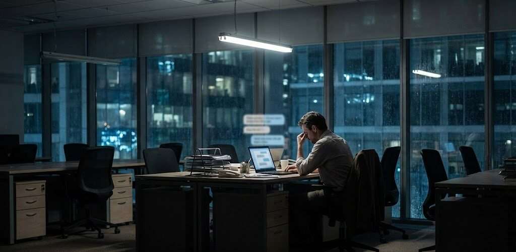 An exhausted office worker sitting at a desk in a quiet corporate office, staring at a glowing laptop with Slack notifications, symbolizing silent burnout, workplace anxiety, and mental health struggles behind professional environments.