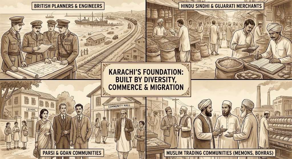 A historical illustration titled "KARACHI'S FOUNDATION: BUILT BY DIVERSITY, COMMERCE & MIGRATION," divided into four panels showing different groups contributing to the city's early development. The top left panel shows "BRITISH PLANNERS & ENGINEERS" reviewing blueprints near a port and railway. The top right shows "HINDU SINDHI & GUJARATI MERCHANTS" in a busy marketplace. The bottom left shows "PARSI & GOAN COMMUNITIES" outside a "COMMUNITY HALL" and "SCHOOL." The bottom right shows "MUSLIM TRADING COMMUNITIES (MEMONS, BOHRAS)" discussing business near a factory.