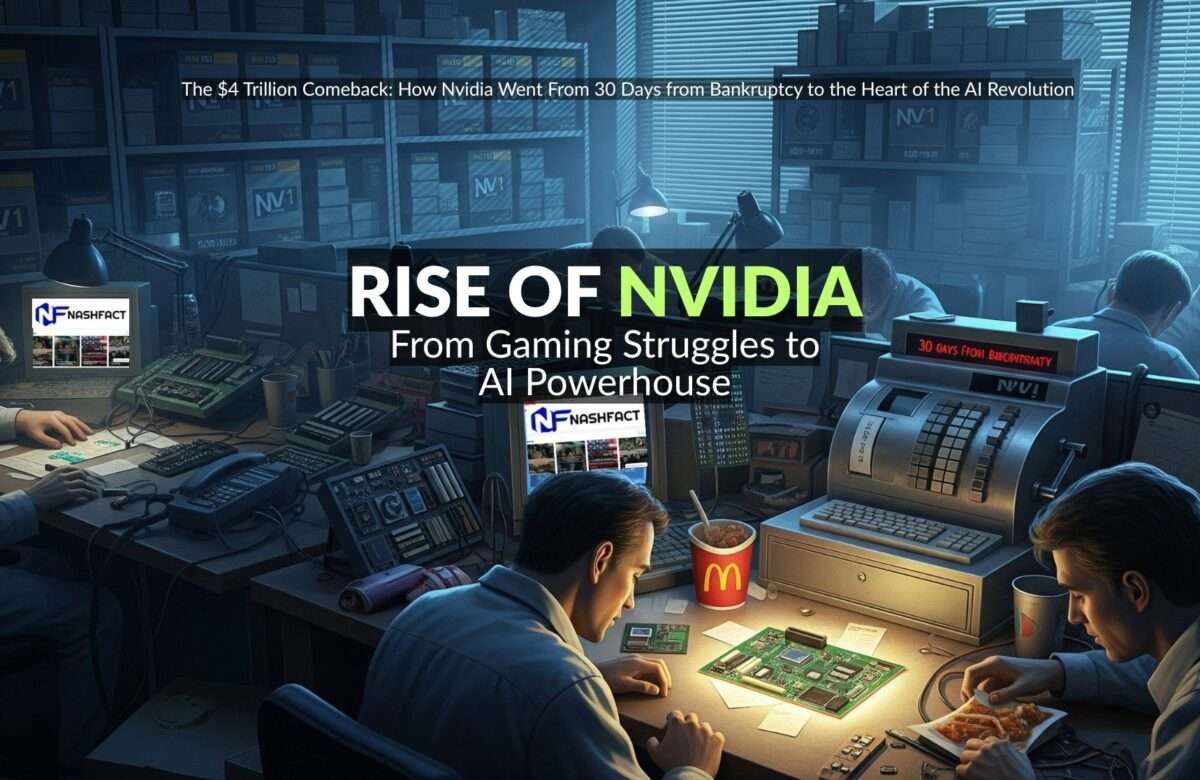 Success Story of Nvidia. digital illustration showing a dimly lit office in the mid-1990s with exhausted engineers sitting beside computer boards and prototype chips