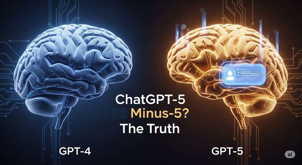 Digital illustration showing two AI brains side-by-side — one labeled "GPT-4" in a cooler blue tone, the other labeled "GPT-5" glowing in a warm golden light.