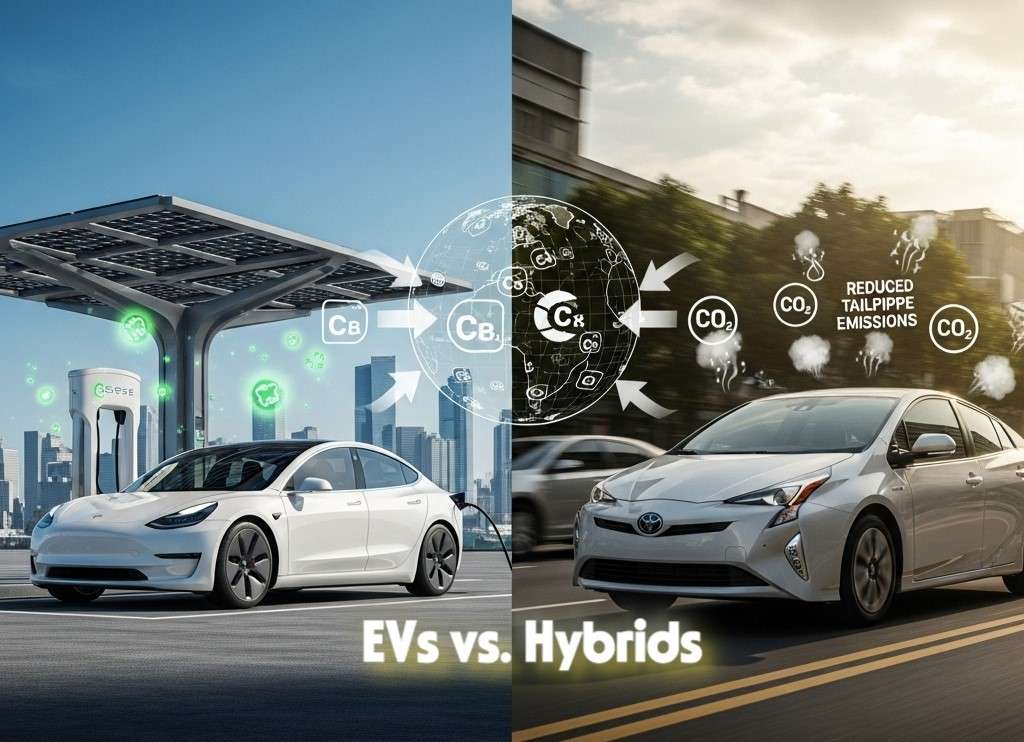 Conceptual illustration showing the contrast between electric vehicles and hybrid cars: on one side, a modern battery-electric car charging at a sleek solar-powered station under a clear blue sky; on the other side, a hybrid car driving through a city street with visible exhaust reduction symbols
