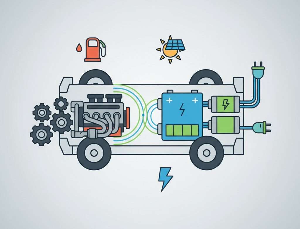 Represent mechanical system of different types of cars; petrol vs diesel vs hybrid vs electric, HEV vs PHEV vs BEV