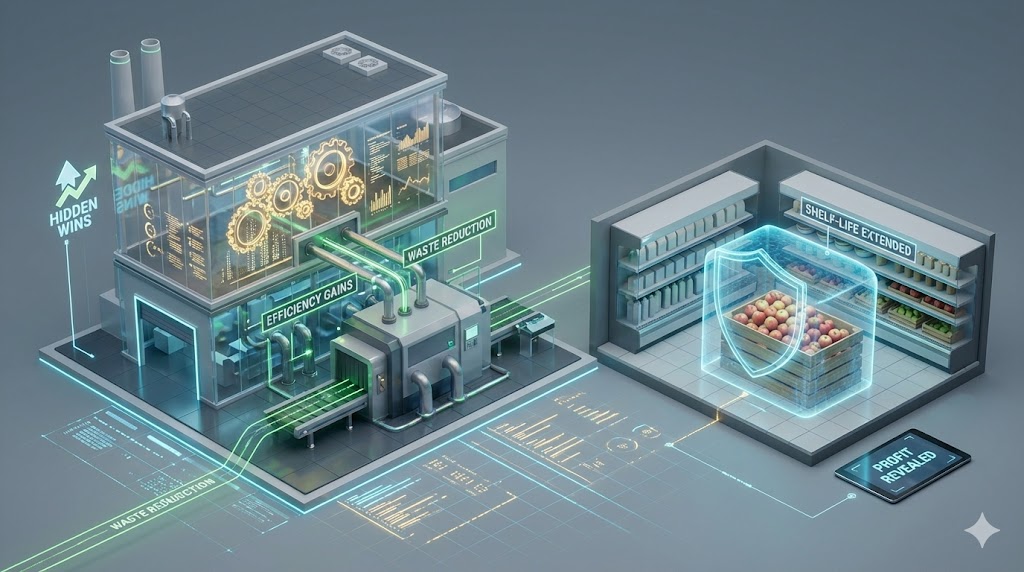 A high-tech, isometric 3D illustration representing 'Hidden Wins' in traditional business. The image features a cross-section view of a factory floor and a grocery store aisle side-by-side