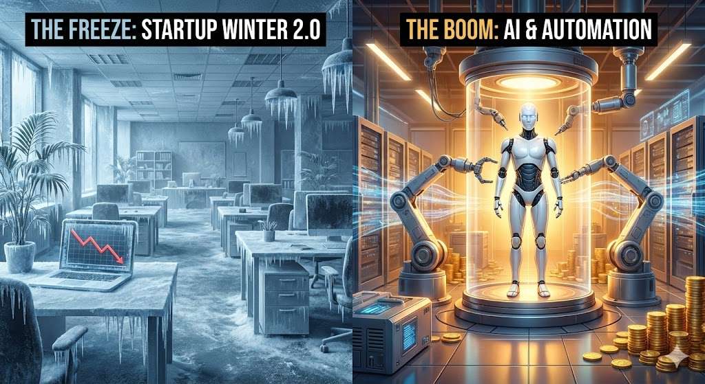 Split-screen cinematic illustration representing the 'Startup Winter 2.0.