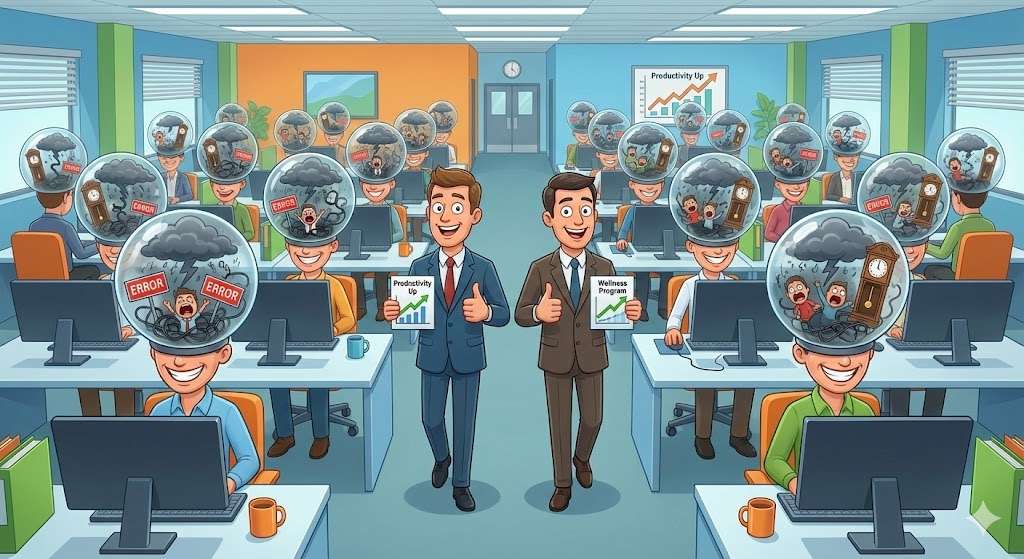 A sarcastic cartoon illustration of office employees smiling at their desks while chaotic thoughts and stress are visible inside their heads, highlighting hidden workplace mental health struggles.