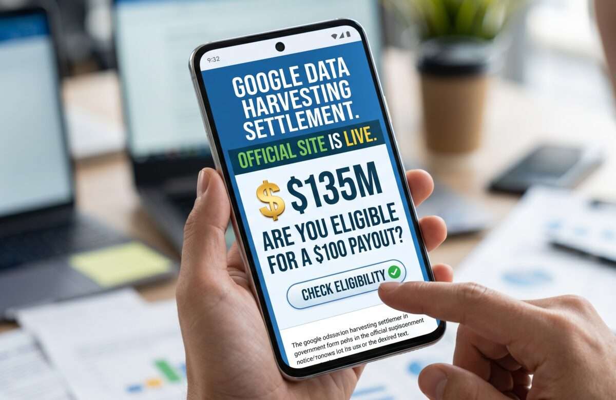 Official Google data settlement website displayed on a smartphone screen.
