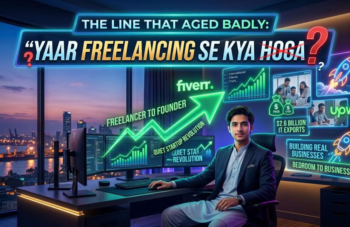 The focus is on a high-contrast, neon-lit aesthetic that will appeal to Gen Z, featuring a Pakistani cityscape in the background to ground the image. The intent is to show a clear transformation from the initial freelance setting to a dynamic startup environment, emphasizing growth and digital tools, with the main subject in the center.