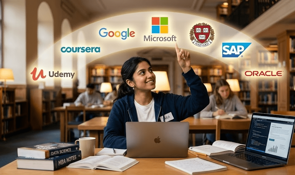 A young university student in casual smart attire sitting at a modern study desk, laptop open, surrounded by floating glowing brand logos of SAP, Oracle, Microsoft, Google, Coursera, Udemy, and Harvard arranged in a soft arc above them.